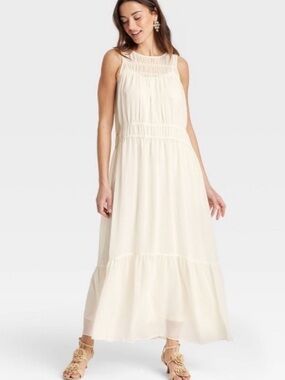 a new day Cream Sleeveless Chiffon Fairycore Maxi Dress with Smocked Details